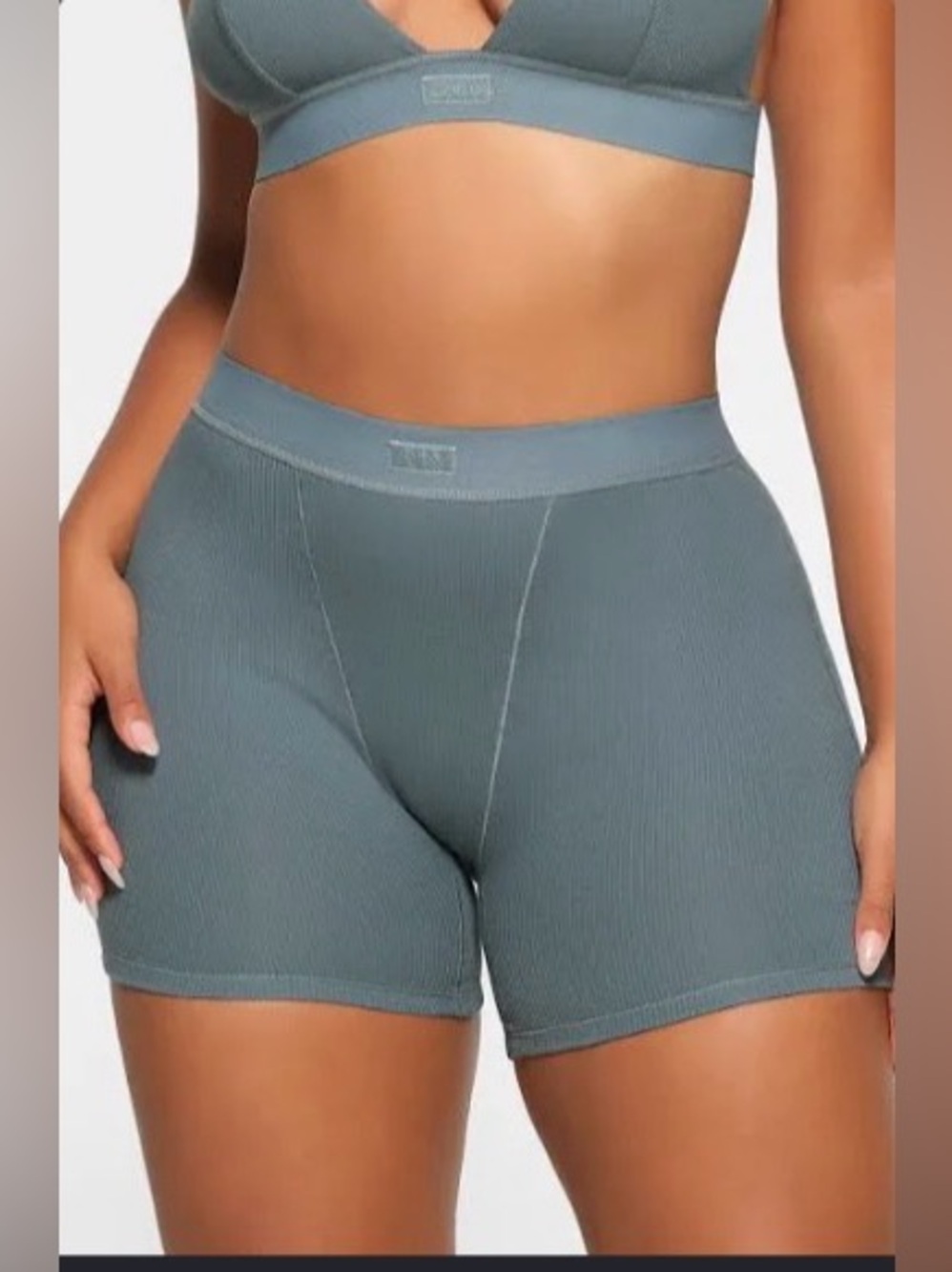 SKIMS Ribbed High-Waist Bike Shorts and bralette - Slate Blue two piece set